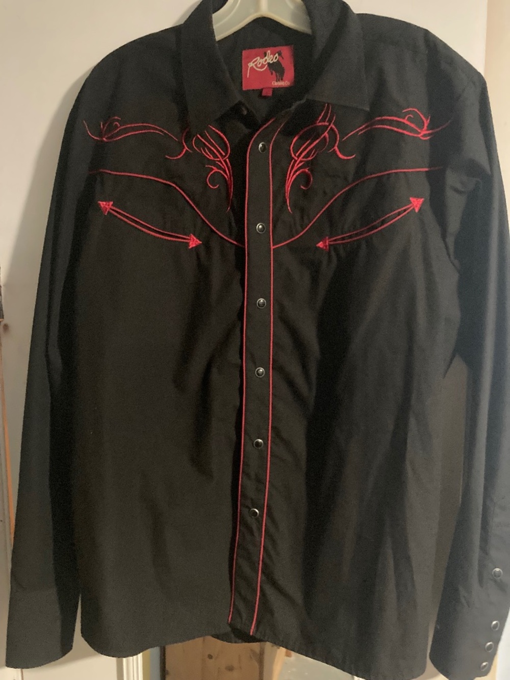 Rodeo Clothing Men's Western Snap Shirt – Black with Red Embroidery